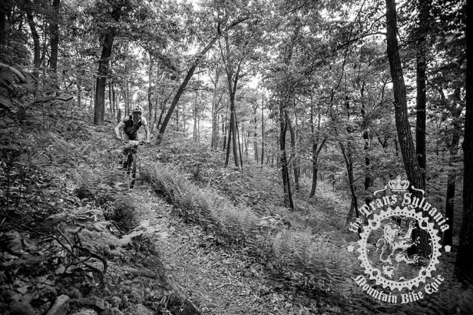 Ryan Dudek flying through a ferned section of trail.