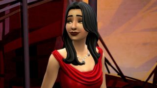 The Sims 4 - Bella Goth wearing an expensive necklace and dress, looking smug