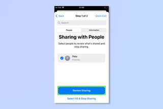 The sharing with people menu of the safety check feature