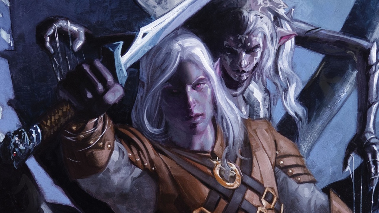 Dark Elf holding up sword wearing leather armor spider lady approaching from behind Drizzt Do&#039;Urden inset of cover of Lolth&#039;s Warrior by R.A. Salvatore.