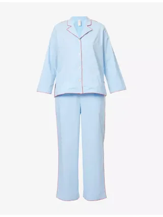 Contrast-Trim Long-Sleeve Cotton Pyjama Set