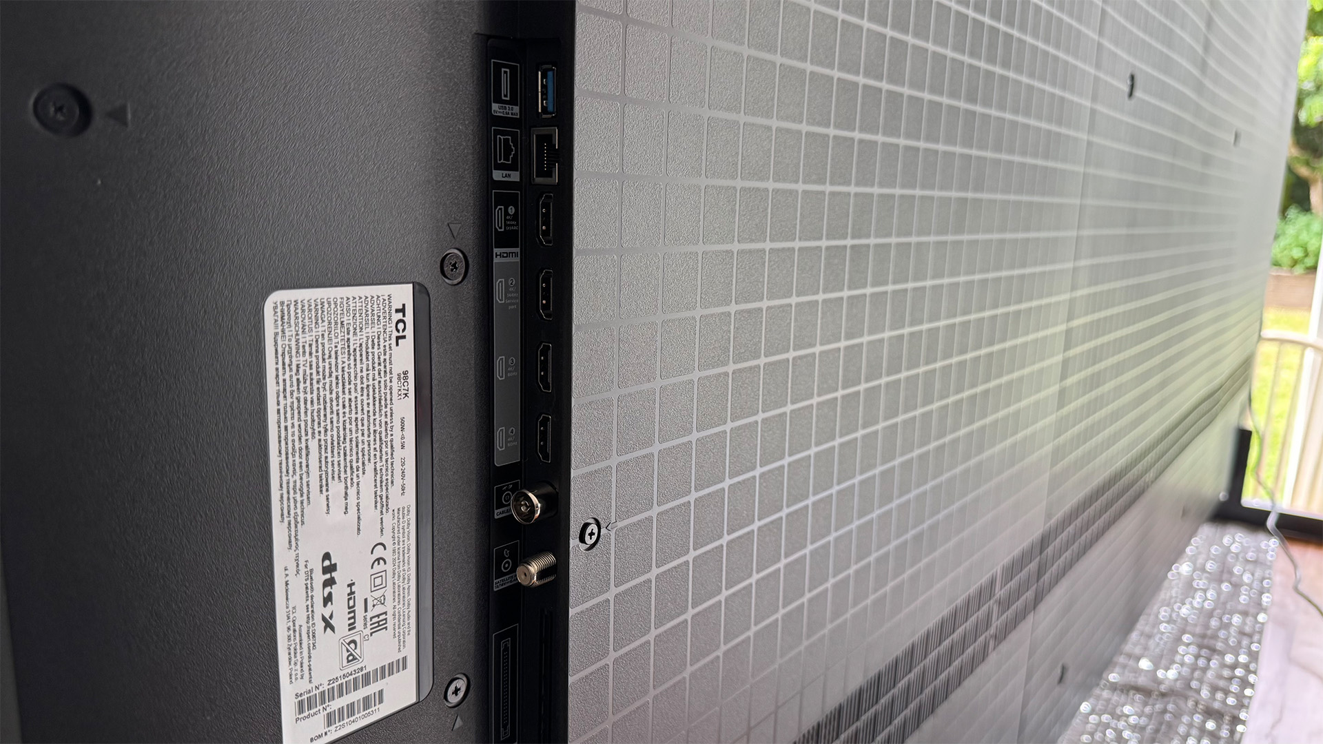 TCL 98C7K 98-inch TV rear of set showing connections