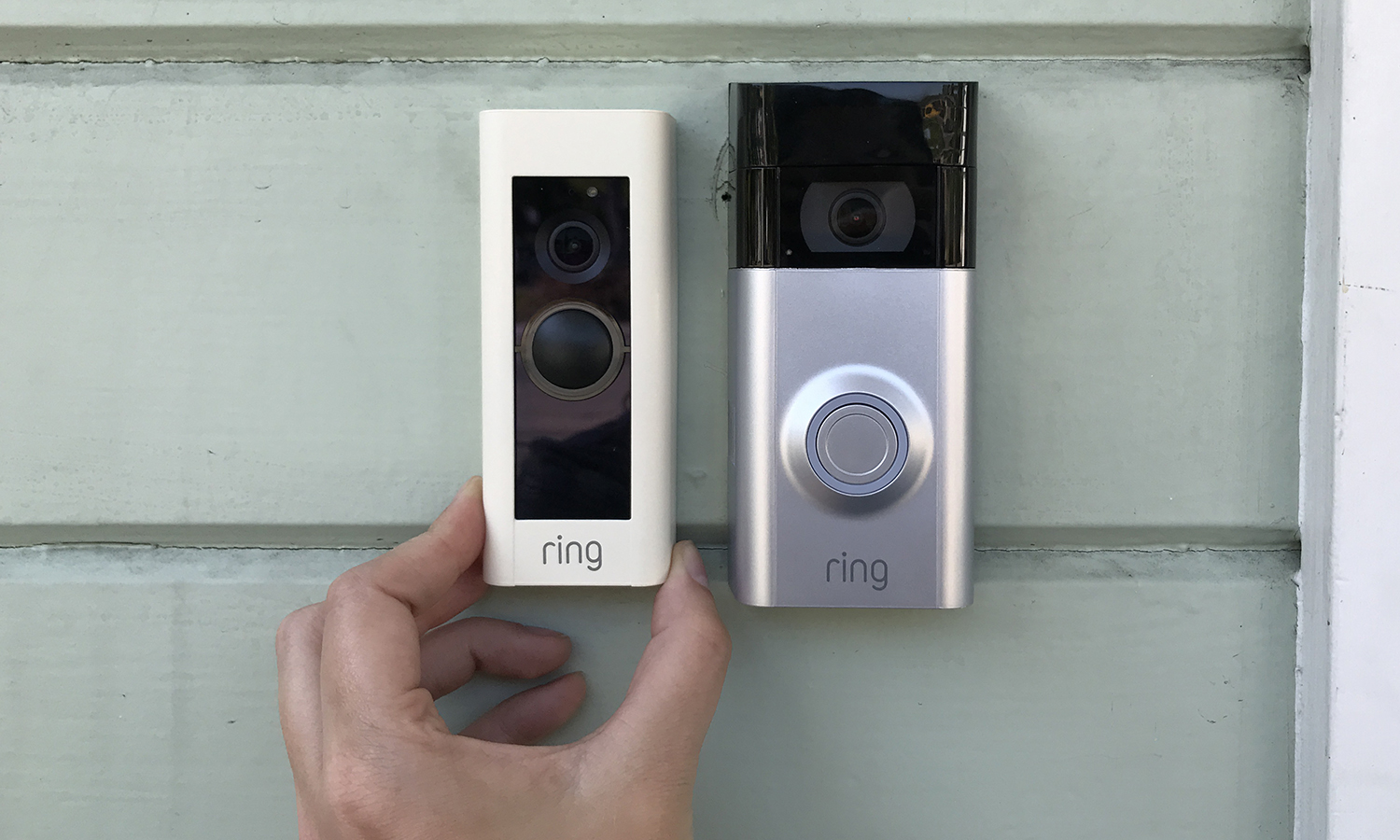 The Ring Video Doorbell 2 (right) is much bulkier than the Ring Pro (left), because of the 2's onboard rechargeable battery.