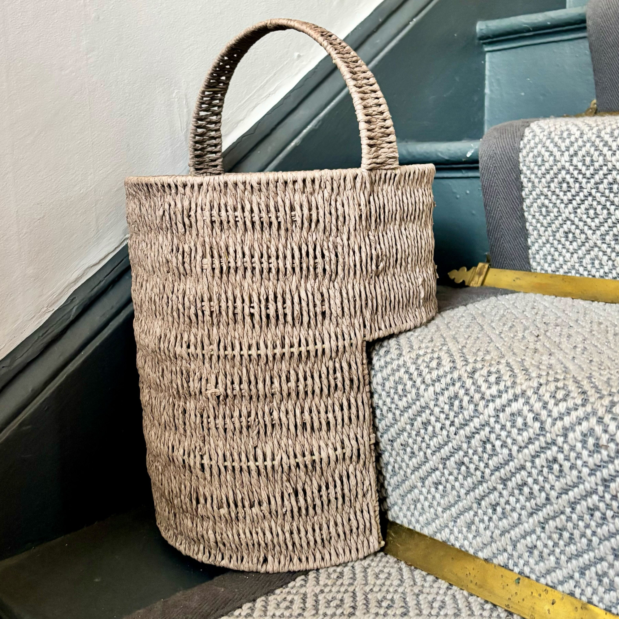 stair basket on a staircase with carpet