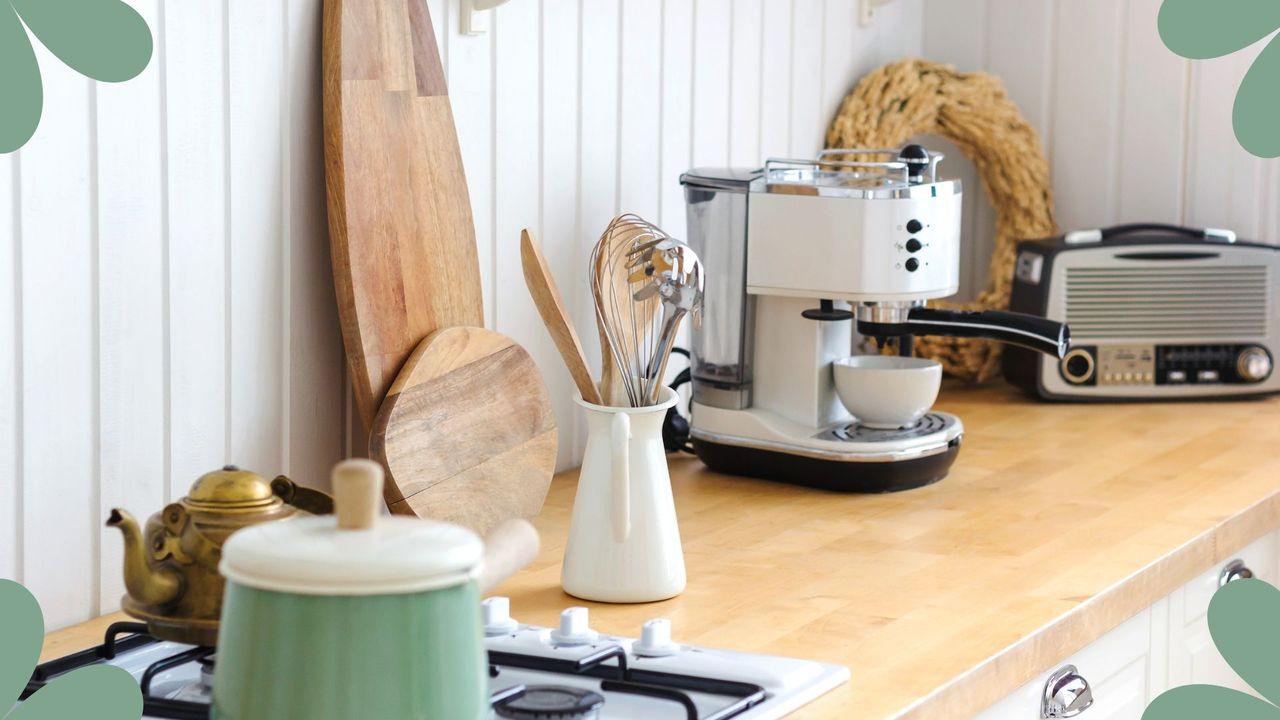 picture of coffee machine on a kitchen countertop with various other bits to support expert advice on how to hide a coffee machine in any kitchen