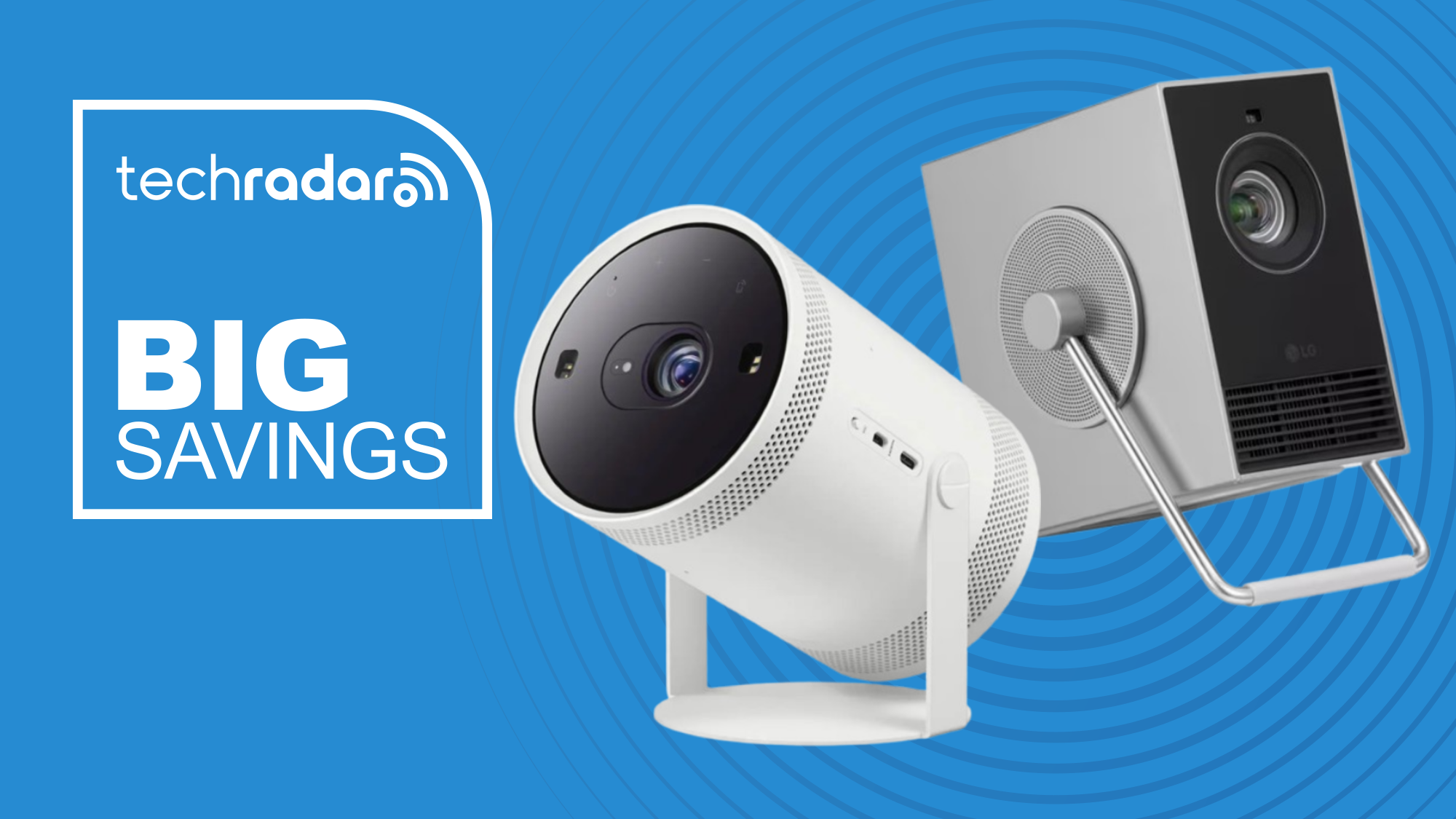 Samsung and LG portable projectors next to a TechRadar badge reading &#039;Big Savings&#039;