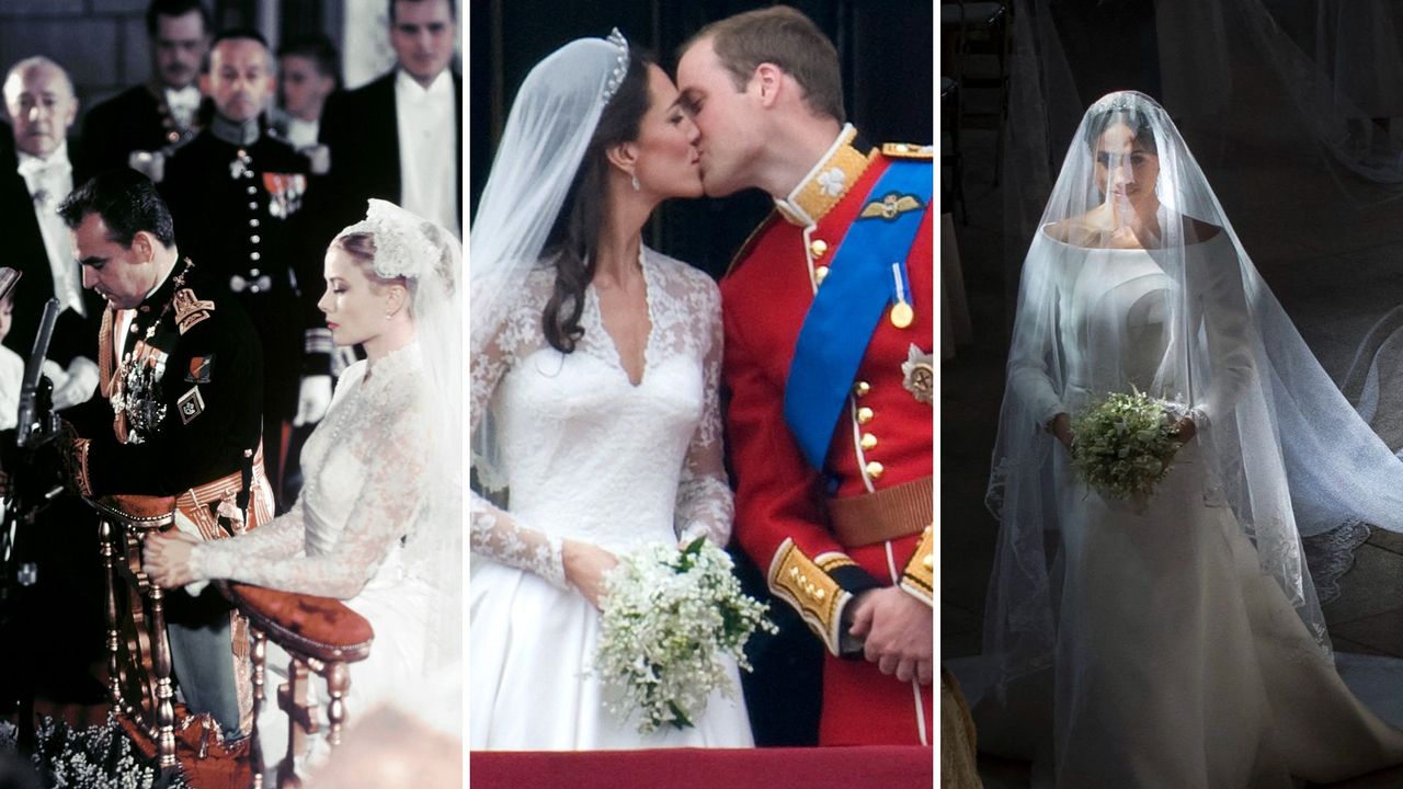 L_R: Grace Kelly&#039;s wedding to Prince Rainier, Kate Middleton and Prince William&#039;s wedding kiss, Meghan Markle in her wedding dress