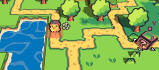Baby Chick protagonist character with aviator hat stands to left of image next to body of water. Play area is grassy field with yellow dirt path running through, question mark power up visible to right of image.
