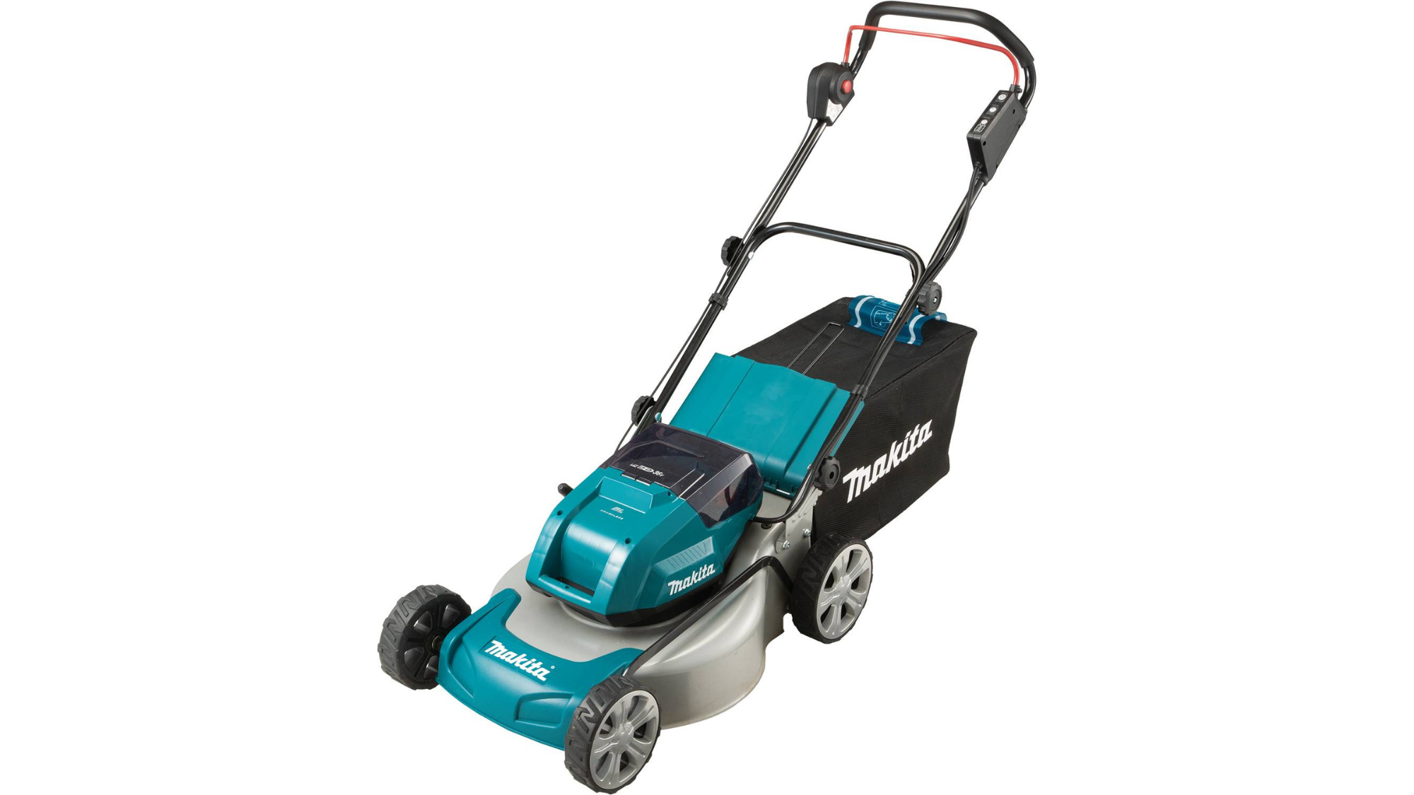 Green Makita XML03Z walk-behind lawn mower on white background