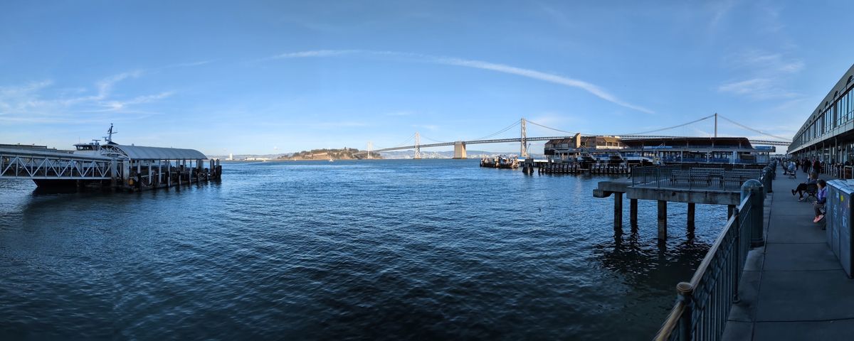 Panorama of the San Francisco Bay featuring the Bay Bridge shot by a Pixel 8a