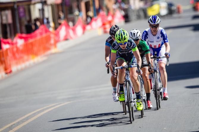 Joanne Kiesanowski (TIBCO) leading the break with 2 laps to go.