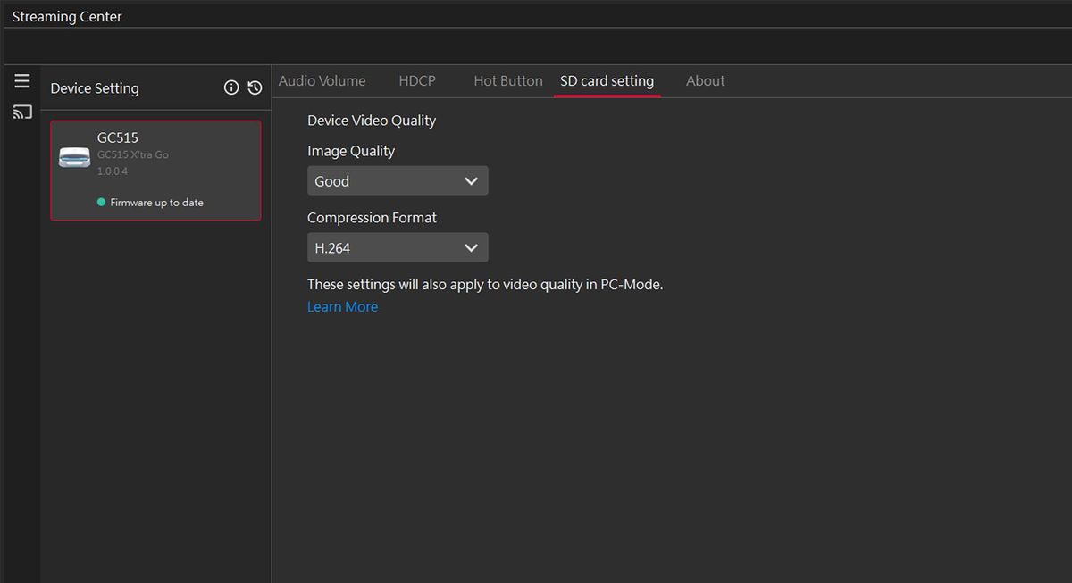 A screenshot of AVerMedia Streaming Center's SD Card Setting window for the X'TRA GO GC515.