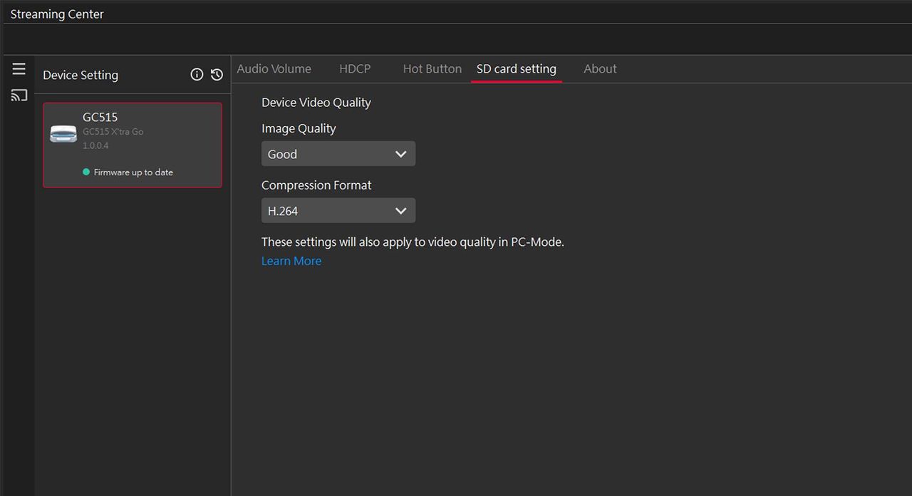A screenshot of AVerMedia Streaming Center's SD Card Setting window for the X'TRA GO GC515.