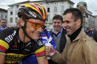 Belgians Tom Boonen (Quick Step) and former-rival, now race director Peter van Petegem after the 2010 Omloop Het Nieuwsblad.