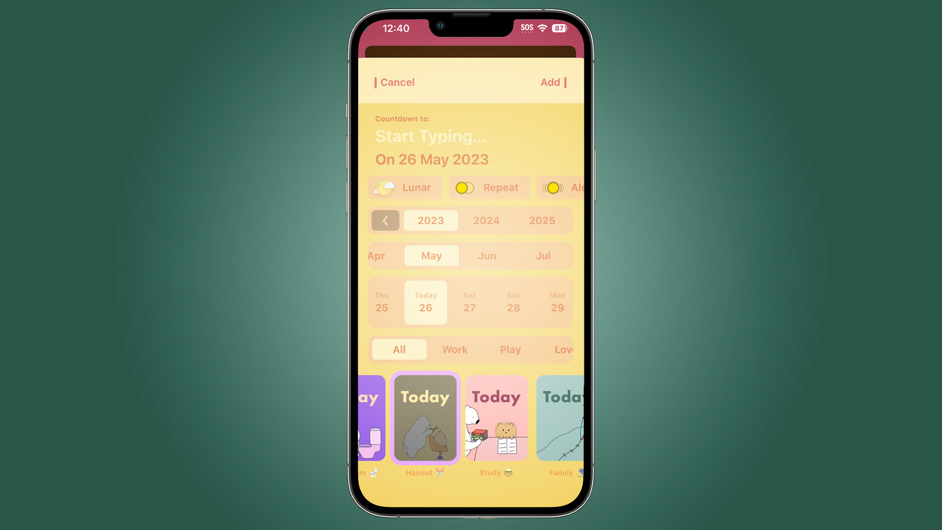 Screenshot of the Bears Countdown app