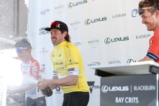 Champagne supernova Marco Haller (Katusha Sports) gets to grips with the winner's spoils having taken the overall victory at the 2019 Bay Crits