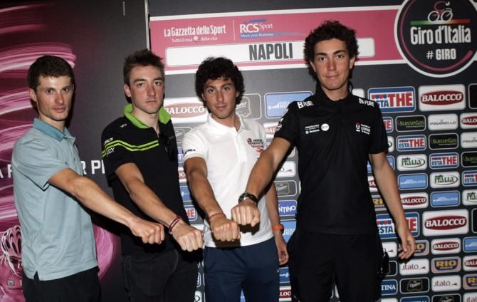 Italians Enrico Battaglin (Bardiani-CSF), Elia Viviani (Cannondale), Fabio Felline (Androni Giocattoli) and Giacomo Nizzolo (RadioShack Leopard) at the pre-Giro press conference