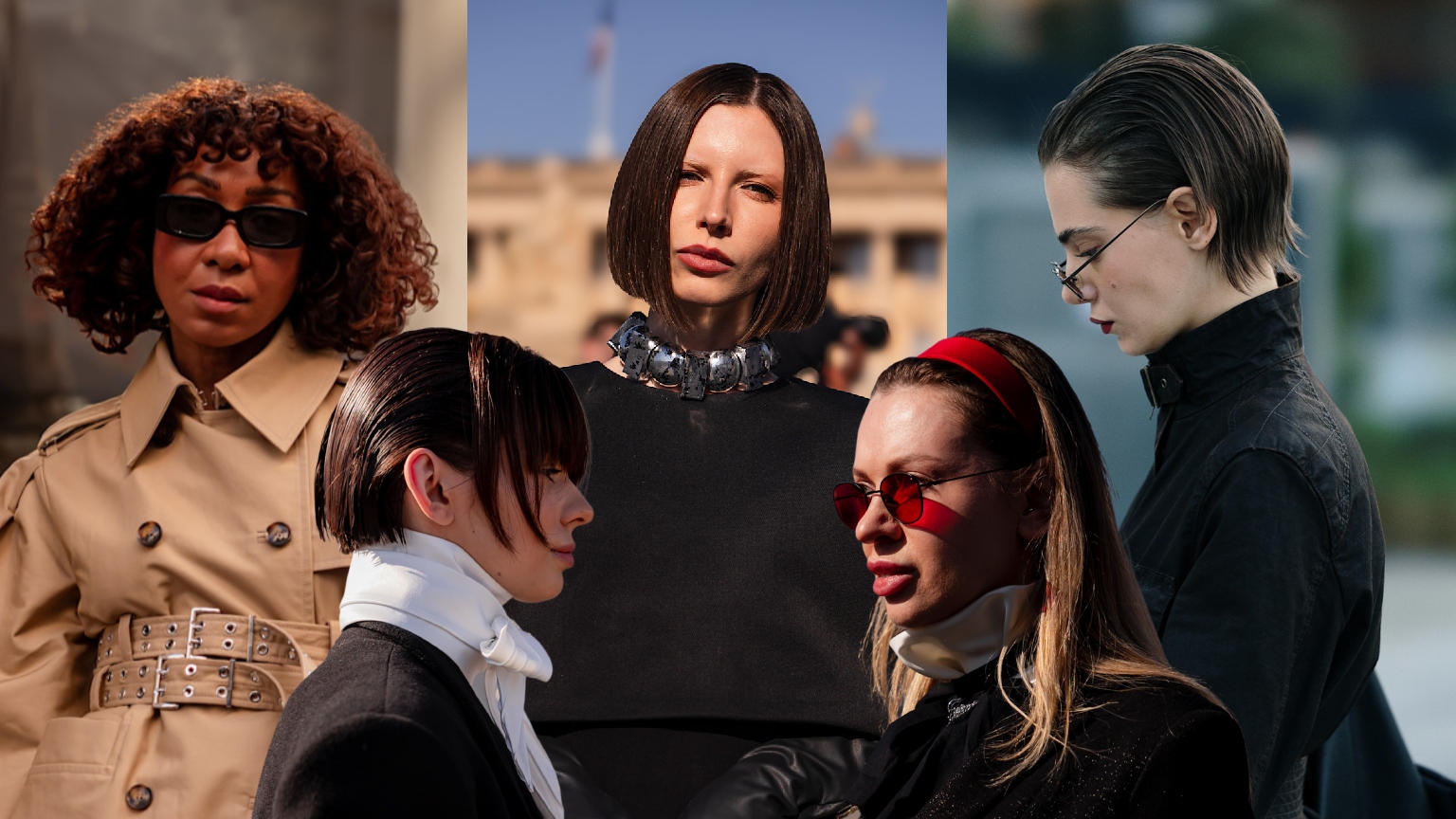 five women in Paris with stylish outfits and bob haircuts