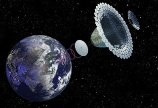 three giant space apparatuses float above earth like a conical funnel, with purple ringlets beaming down to the planet below to the left.