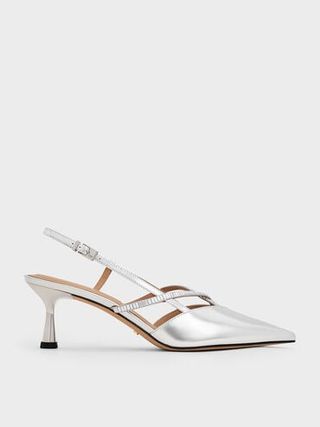 Metallic Leather & Satin Crystal-Embellished Slingback Pumps