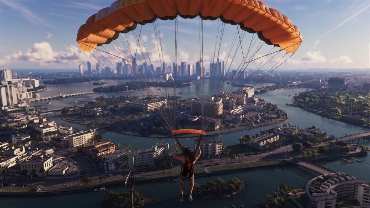 Lucia basejumps over Vice City, from the GTA 6 extended look