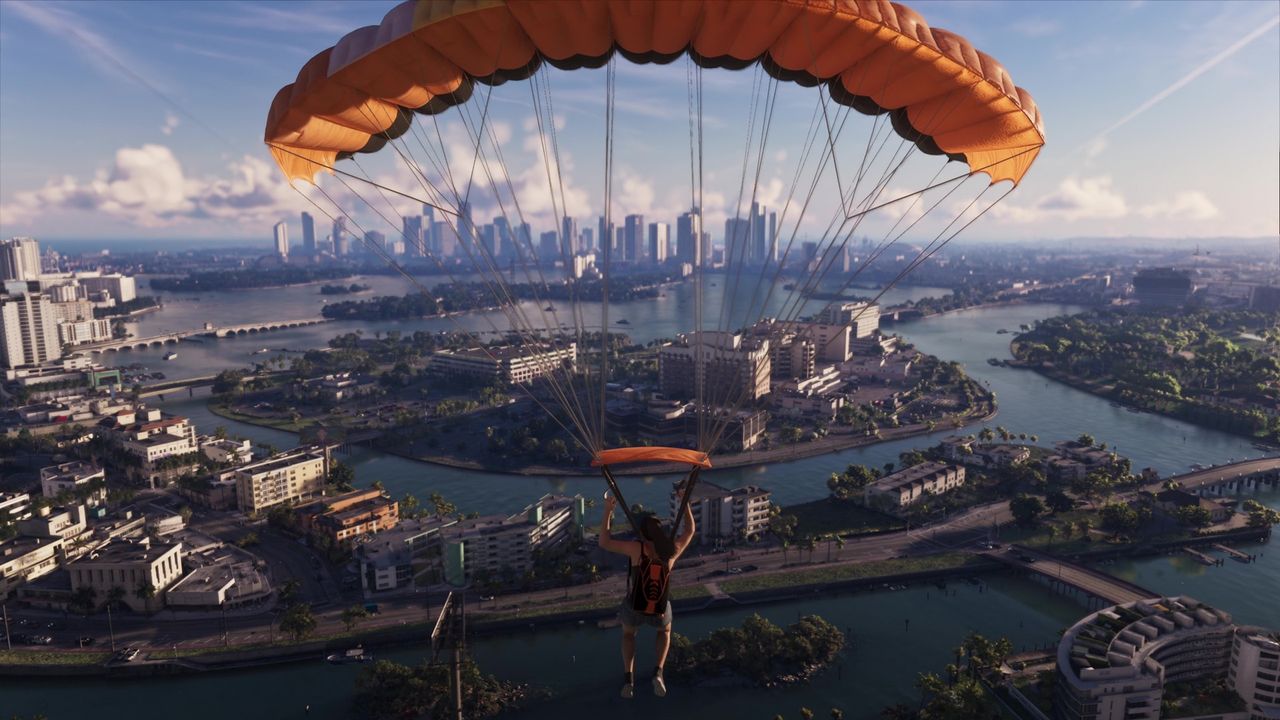 Lucia basejumps over Vice City, from the GTA 6 extended look