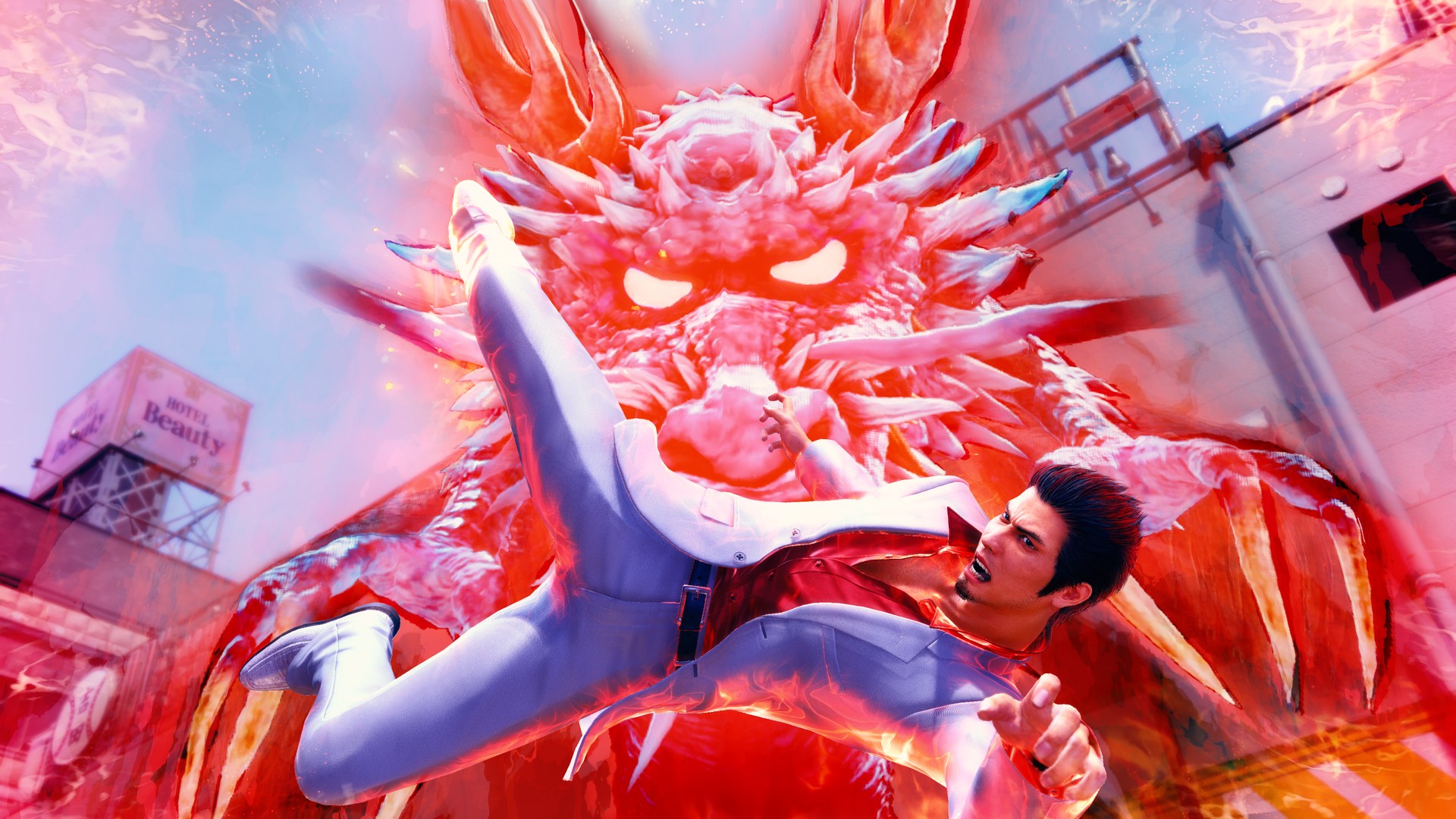 Kazuma Kiryu batters enemies in the streets using his classic dragon style combos in Yakuza Kiwami 3 &amp;amp; Dark Ties