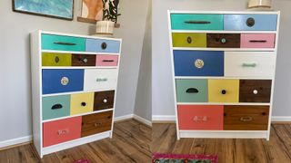 Eclectic drawer unit with colourful drawers and mixed handles IKEA Billy bookcase hacks