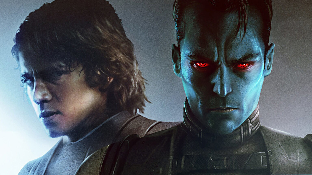 On the left is a close up of a young adult Anakin Skywalker (he has chin-length dark blond hair). On the right is a close up of Grand Admiral Thrawn's face with his short dark hair, striking blue skin and menacing red eyes.