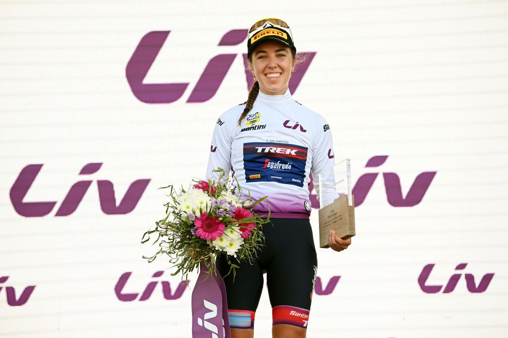PLANCHE DES BELLES FILLES FRANCE JULY 31 Shirin Van Anrooij of Netherlands and Team Trek Segafredo White Best Young Rider Jersey celebrates at podium during the 1st Tour de France Femmes 2022 Stage 8 a 1233km stage from Lure to La Super Planche des Belles Filles TDFF UCIWWT on July 31 2022 in Planche des Belles Filles France Photo by Dario BelingheriGetty Images