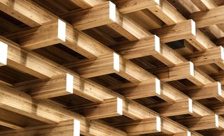 Close up of the interlocking wood structure at Yusuhara Bridge Museum