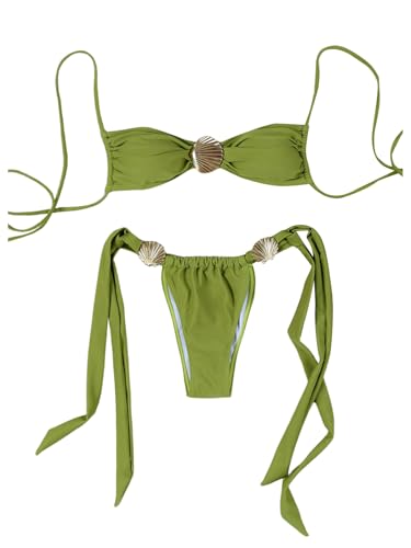 Shenhe Women's Cheeky Two Piece String Bikini Set Shell Ring Ruched Brazilian Thong Swimsuits Green Small