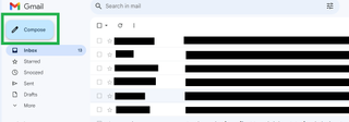 A screenshot of a Gmail inbox with the Compose button highlighted by a green square.