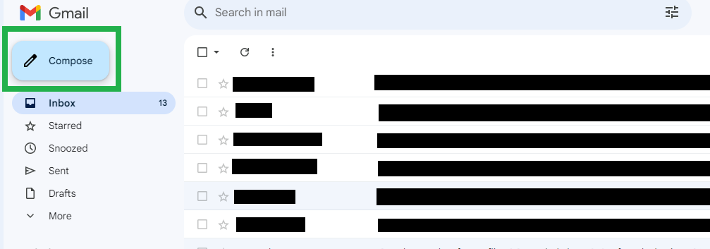 Скриншот почтового ящика Gmail с кнопкой «Написать», выделенной зеленым квадратом.