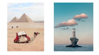 Composite image of two photographs: 'Deserts of Cairo' by Jessica Kantak Bailey and 'Tourlitis Lighthouse' by George Bogdanis, which appear in the Accidentally Wes Anderson Adventures book published by Laurence King Publishing