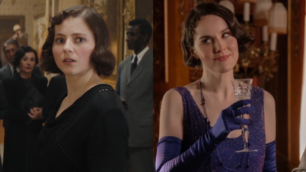From left to right: Thomasain McKenzie in Fackham Hall and Michelle Dockery in Downton Abbey: The Grand Finale. 