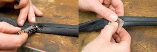 how to fix a puncture mend a tube shows two images side by side. The first is a hand applying glue to a inner tube, the second is a hand attaching a patch to a glue section of an innertube