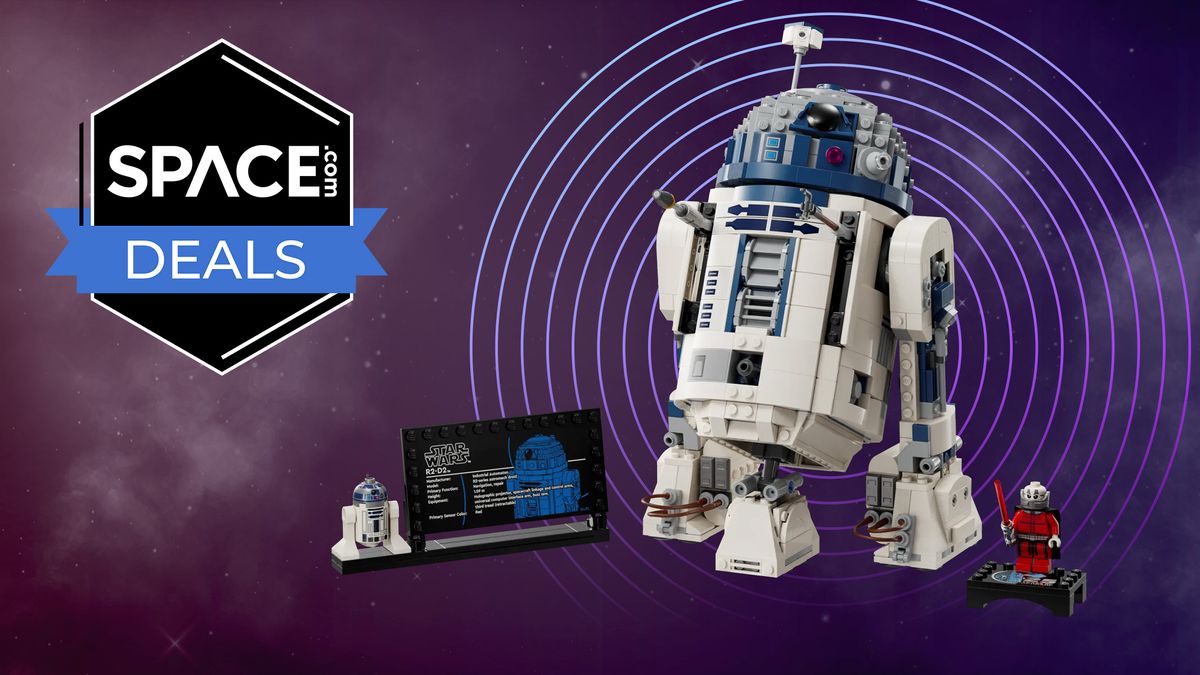 Lego Star Wars R2-D2 on a purple background with a &#039;Space.com deals&#039; badge