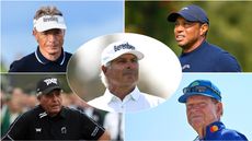 A five-panel photo of Bernhard Langer (top left), Tiger Woods (top right), Gary Player (bottom left), Tom Watson (bottom right), and Fred Couples (centre)