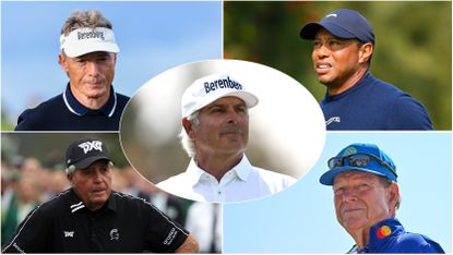 A five-panel photo of Bernhard Langer (top left), Tiger Woods (top right), Gary Player (bottom left), Tom Watson (bottom right), and Fred Couples (centre)