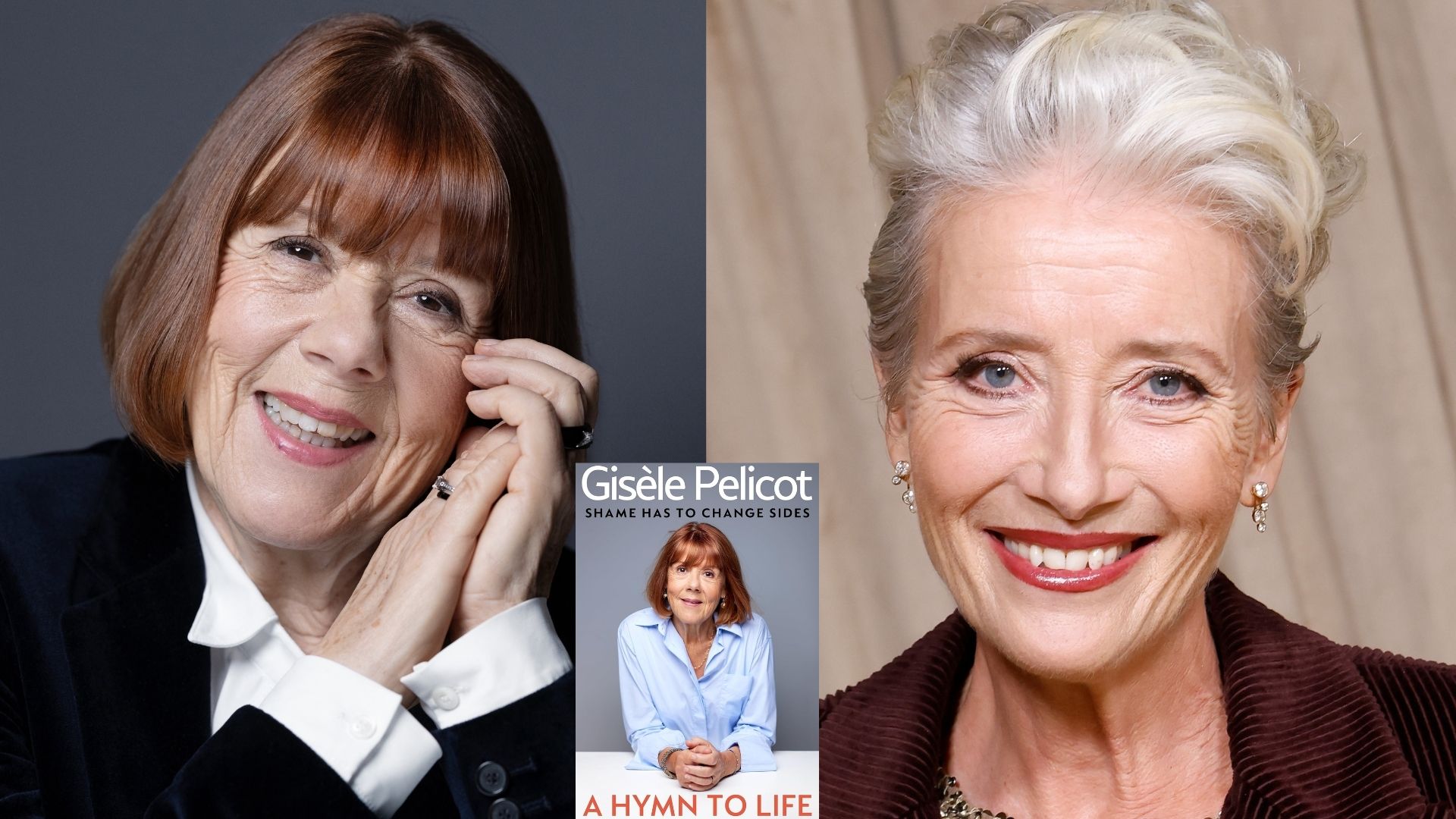 A composite image of Gisele Pelicot (L) and Emma Thompson (R) with an insert of Gisele Pelicot's book cover in the centre