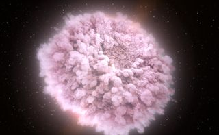 In this illustration, a hot, dense, expanding cloud of debris gets stripped from neutron stars just before they collide.
