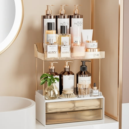 Delamu 2-Tier 2-Drawer Bathroom Organizer Countertop, Multi-Purpose Makeup Organizer Countertop, Large Skincare Organizers, Exquisite Vanity Organizer, Amber
