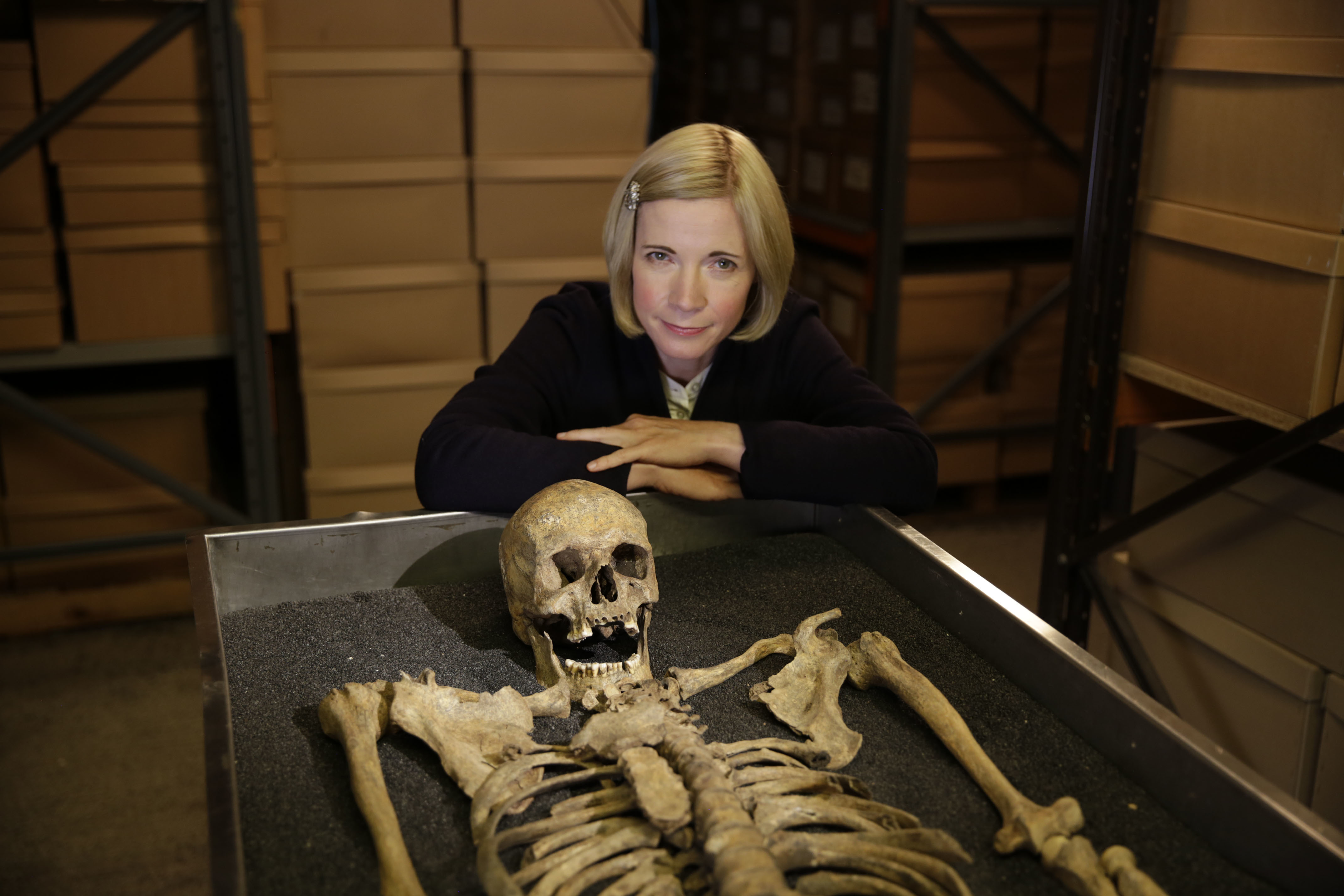 TV tonight Lucy with a Black Death skeleton at the Museum of London