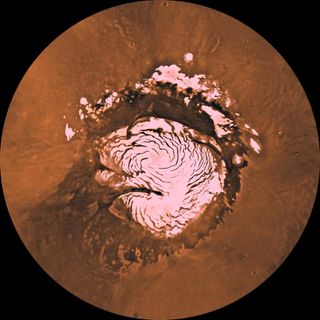 A composite image of the north pole of Mars, and its water ice cap, taken by one of the Viking orbiters.