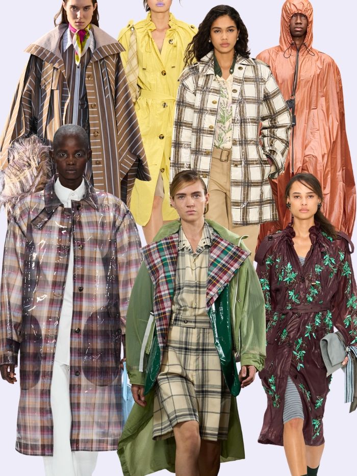 Runway collage of the rad raincoats trend at London Fashion Week spring/summer 2027 collections. Designers include Roksanda, Burberry, Mulberry, Keburia and Toga.