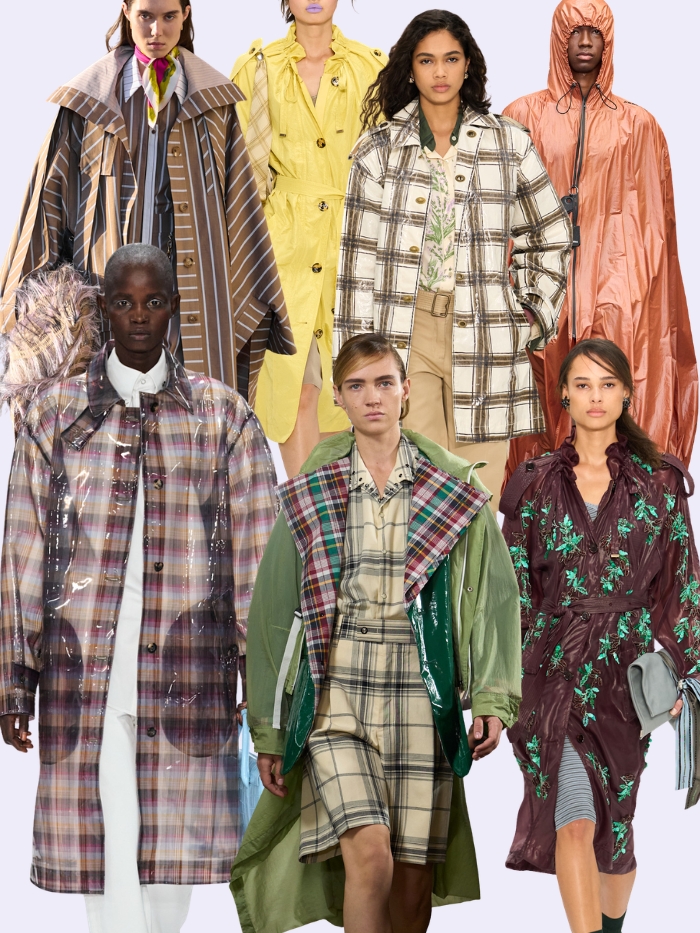 Runway collage of the rad raincoats trend at London Fashion Week spring/summer 2027 collections. Designers include Roksanda, Burberry, Mulberry, Keburia and Toga.