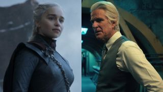 From left to right: Emilia Clarke in Game of Thrones looking determined and Matthew Modine in Stranger things looking to his left.