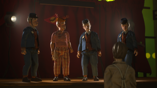 A quartet of men stands on a stage, three of them in bus conductor uniforms and one in a hot dog vendor outfit.