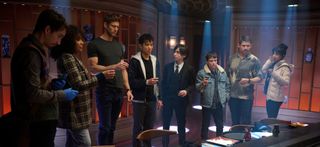 Robert Sheehan as Klaus Hargreeves, Emmy Raver-Lampman as Allison Hargreeves, Tom Hopper as Luther Hargreeves, Justin H. Min as Ben Hargreeves, Aidan Gallagher as Number Five, Elliot Page as Viktor Hargreeves, David Castañeda as Diego Hargreeves, Ritu Arya as Lila Pitts in episode 401 of The Umbrella Academy